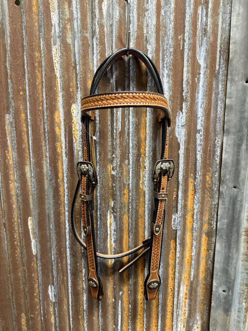 Cowperson Tack Light Oiled Browband Headstall-Floral Buckle And Concho Set 1