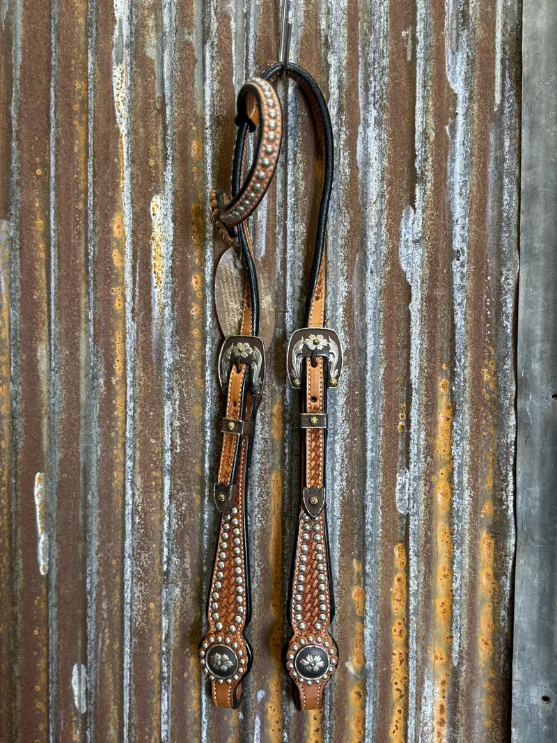Cowperson Tack Light Oiled Dotted One Ear Headstall-Floral Buckle And Concho Set 1