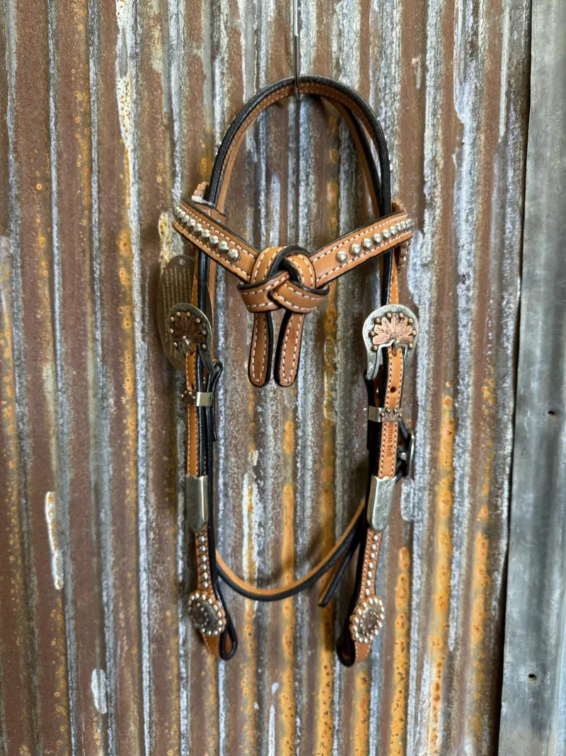 Cowperson Tack Light Oiled Dotted X-Browband Headstall-Sunflower Buckle And Concho Set 1