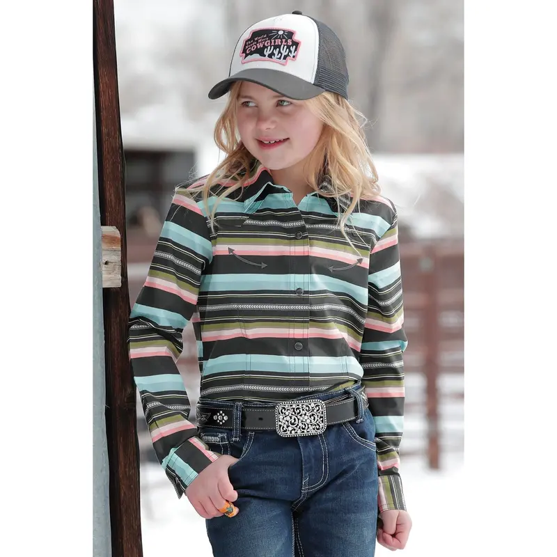 Cruel Girl's Black And Turquoise Blanket Stripe Long Sleeve Western Shirt 1