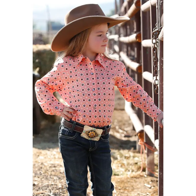 Cruel Girl's Peach And Navy Geometric Print Western Shirt 1
