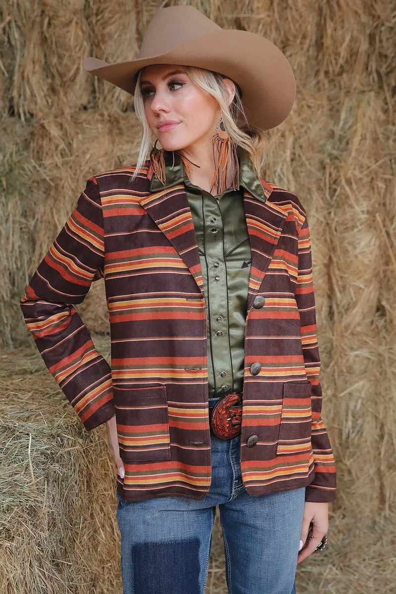Cruel Women's Brown And Orange Boyfriend Fit Stripe Blazer 1