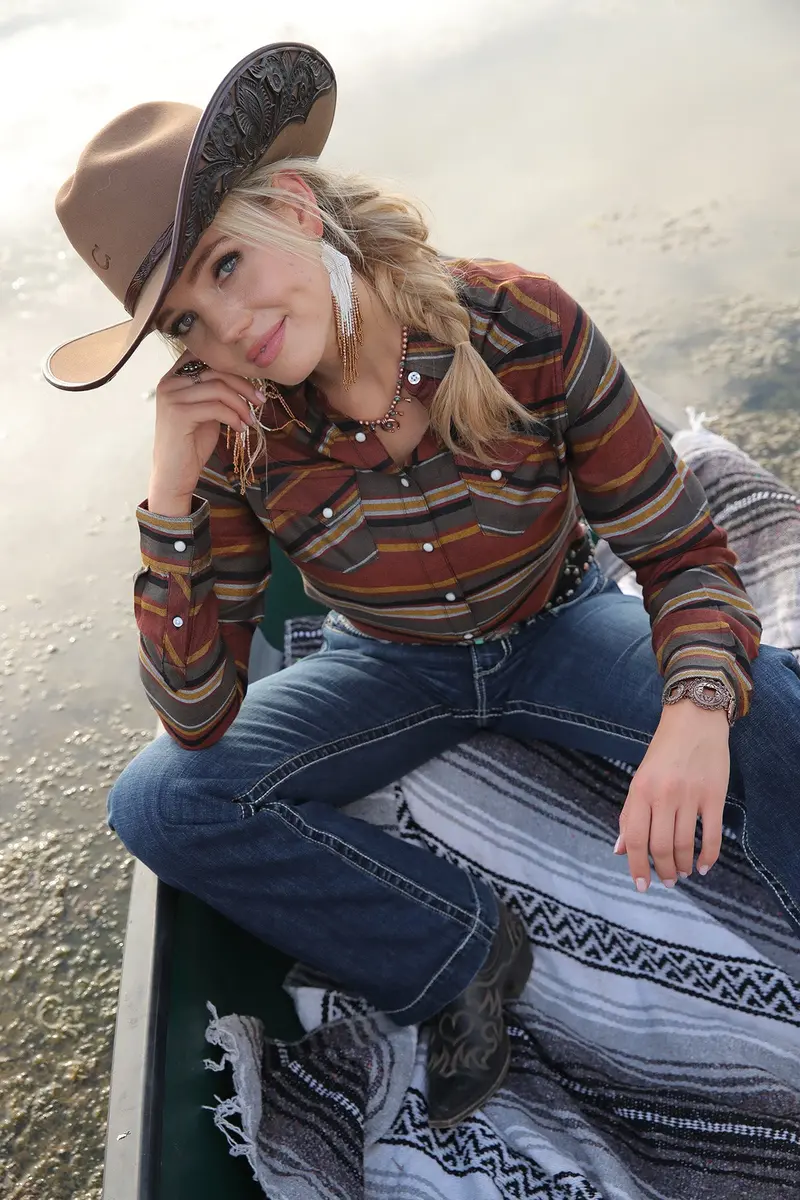 Cruel Women's Copper Gold And Olive Button Down Western Shirt 2