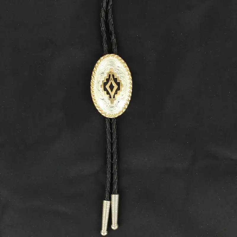 Crumrine Silver Oval Concho With Gold And Black Aztec Center Bolo Tie 1