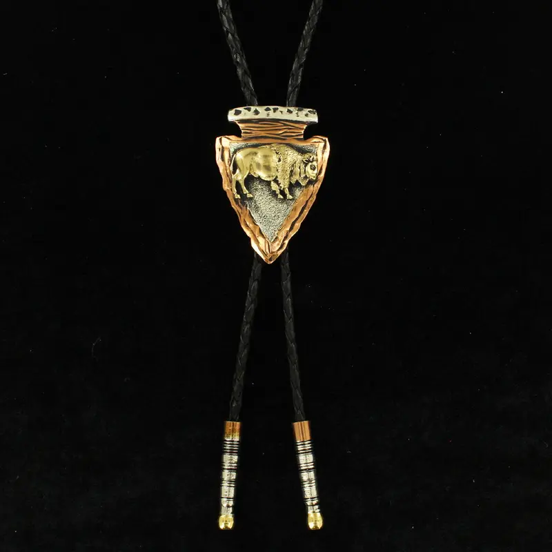 Crumrine Tri-Color Arrowhead With Gold Buffalo Bolo Tie 1