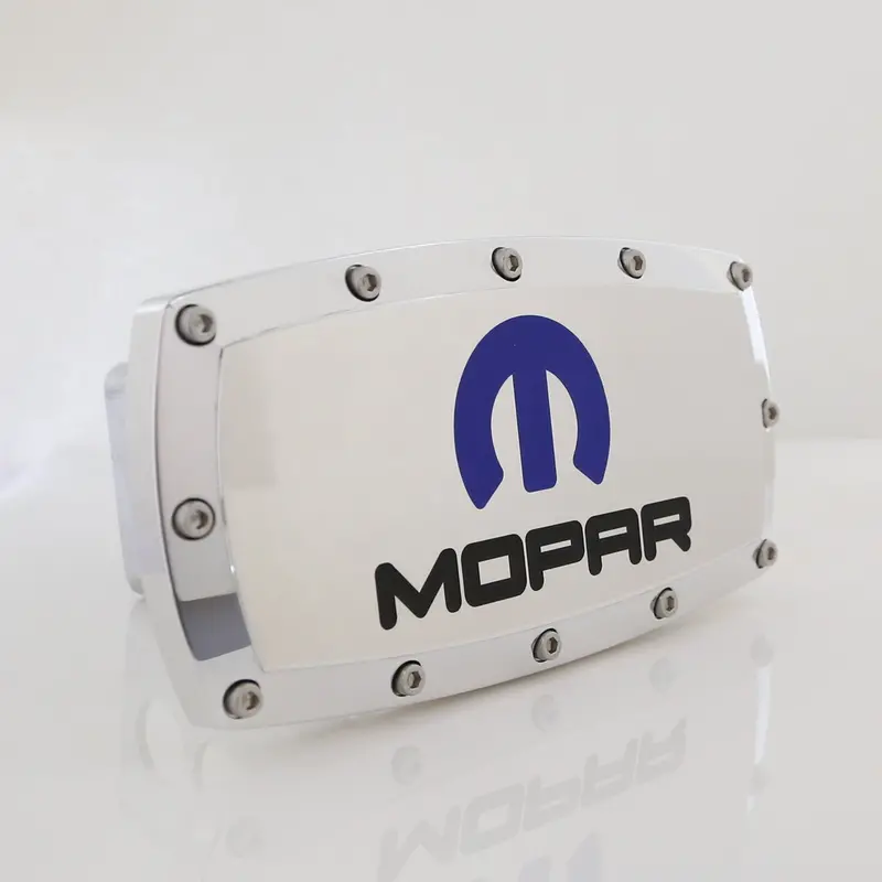 Dodge Mopar Logo Billet Tow Hitch Cover (Blue On Chrome) 1