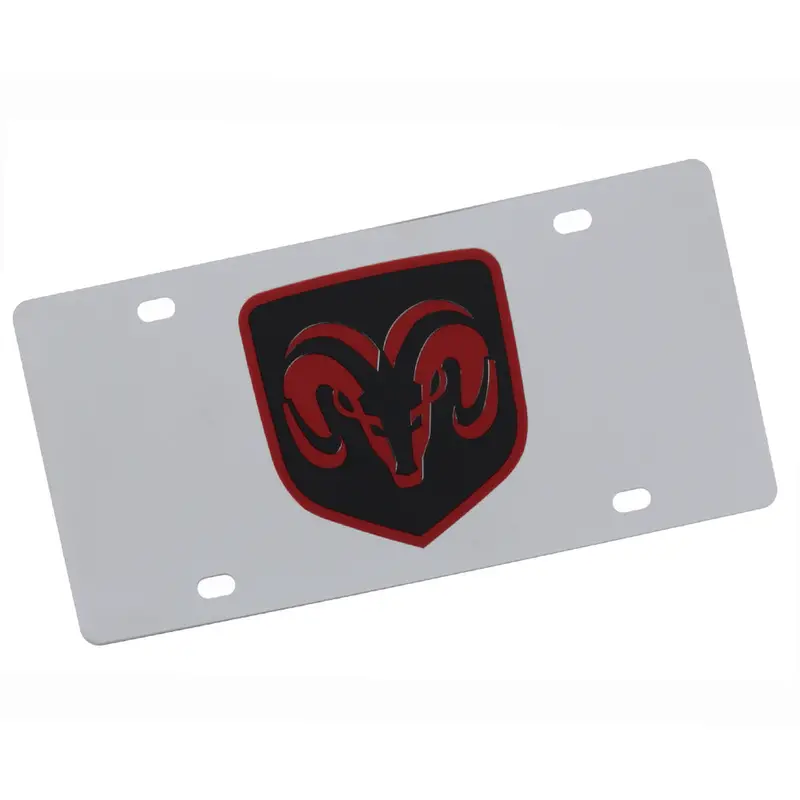 Dodge Ram Black Fill Logo License Plate (Red On Chrome) 1