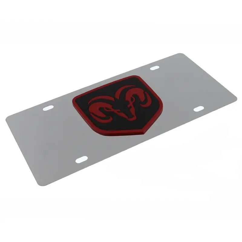 Dodge Ram Black Fill Logo License Plate (Red On Chrome) 2