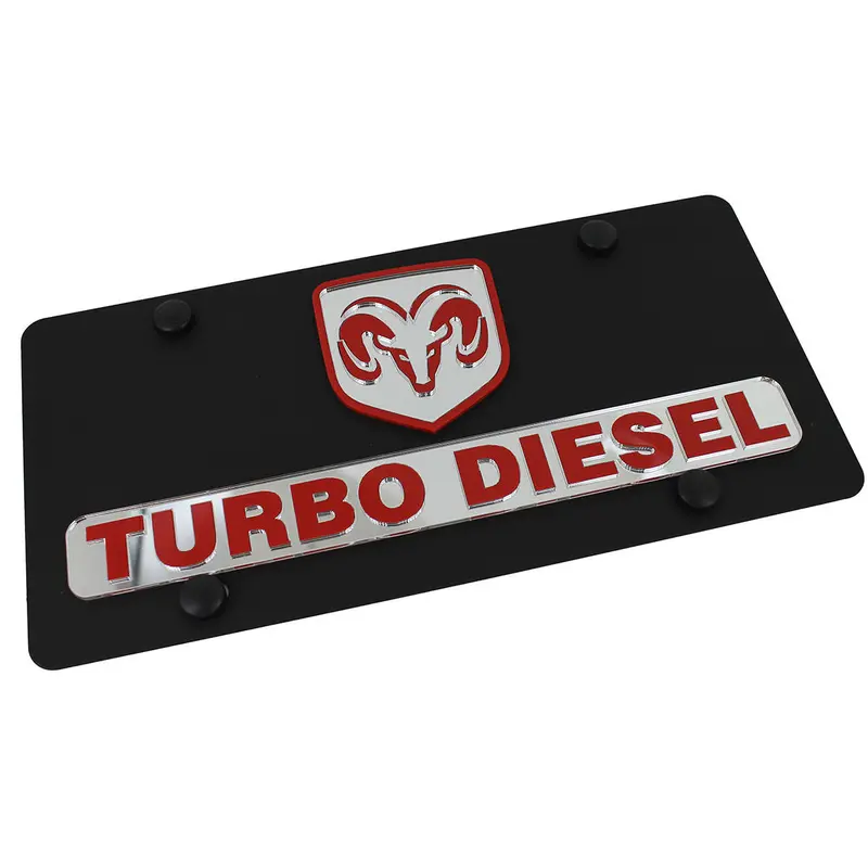 Dodge Ram Dual Logo Turbo Diesel License Plate (Red On Black) 1