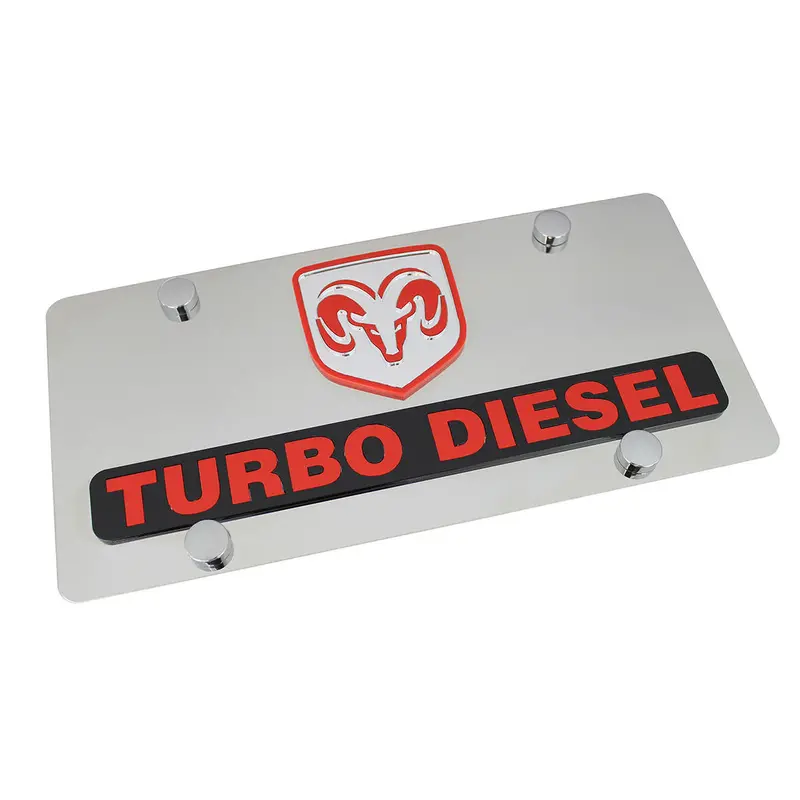 Dodge Ram Dual Logo Turbo Diesel License Plate (Red On Chrome) 1