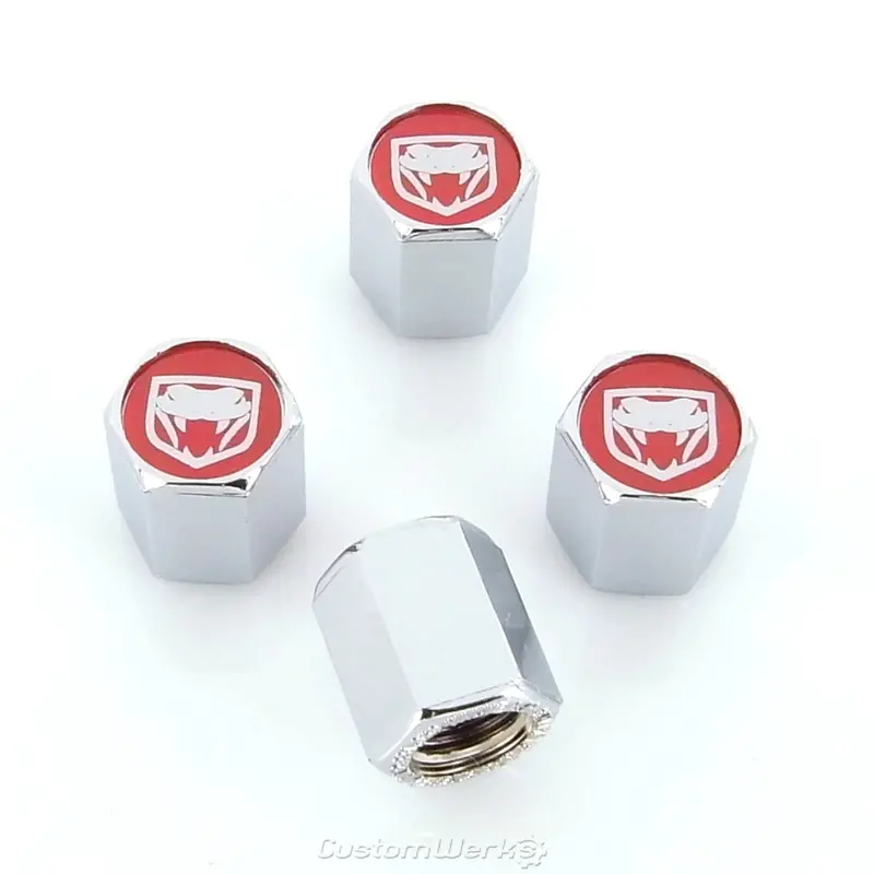 Dodge Viper New Style Logo Tire Stem Valve Caps (Chrome On Red) 1