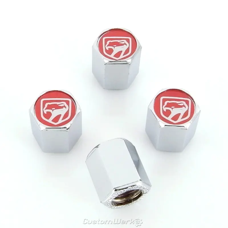 Dodge Viper Old Style Logo Tire Stem Valve Caps (Chrome On Red) 1