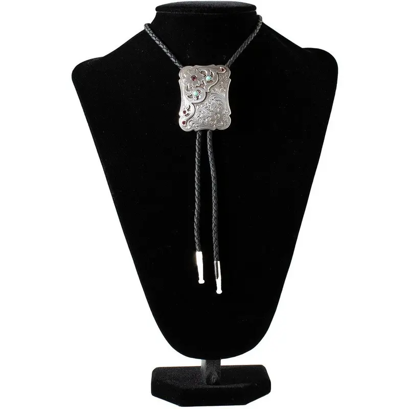 Double S Black And Silver Flower Stone Bolo Tie 1