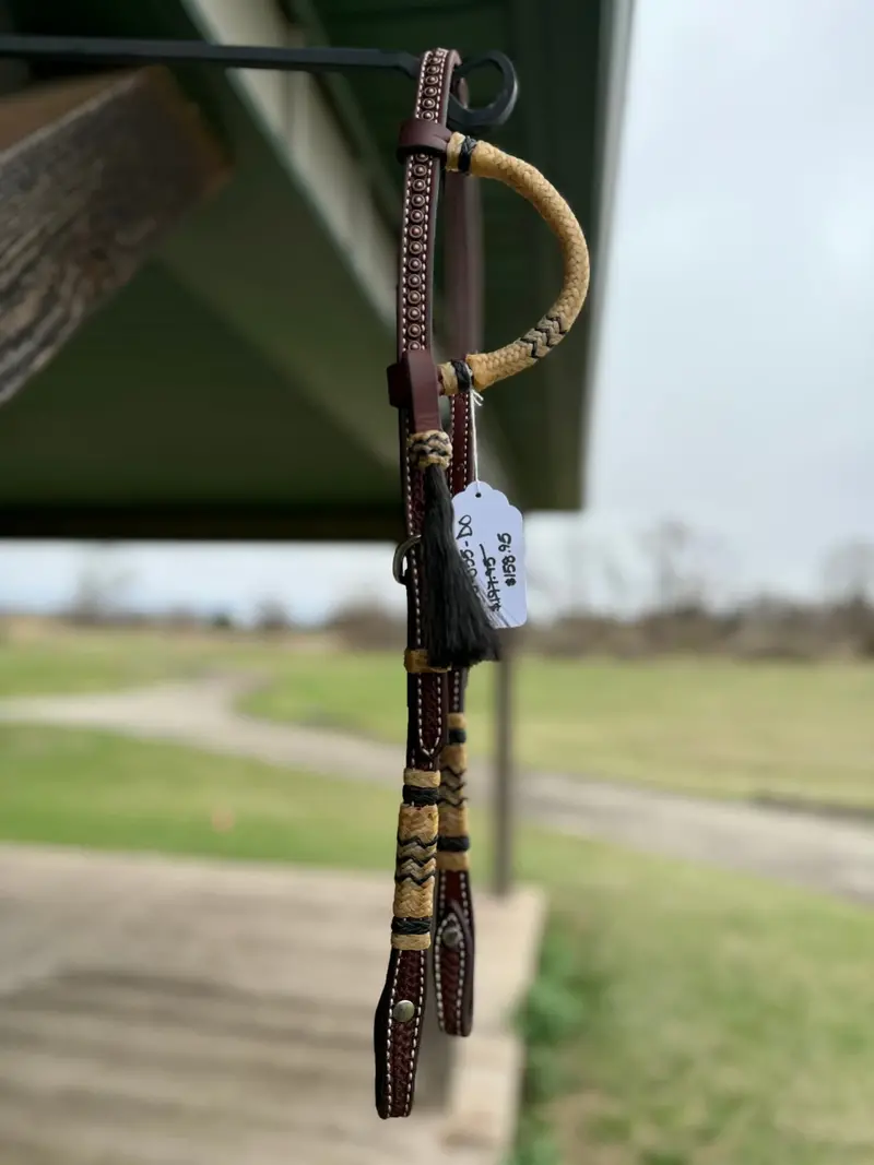 Dutton Bits Dark Oiled Basket Stamp Slip Ear Headstall With Black Rawhide Accents 1