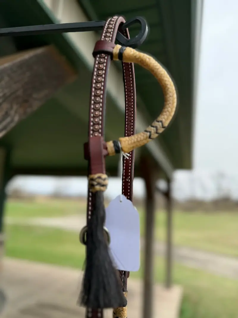 Dutton Bits Dark Oiled Basket Stamp Slip Ear Headstall With Black Rawhide Accents 2
