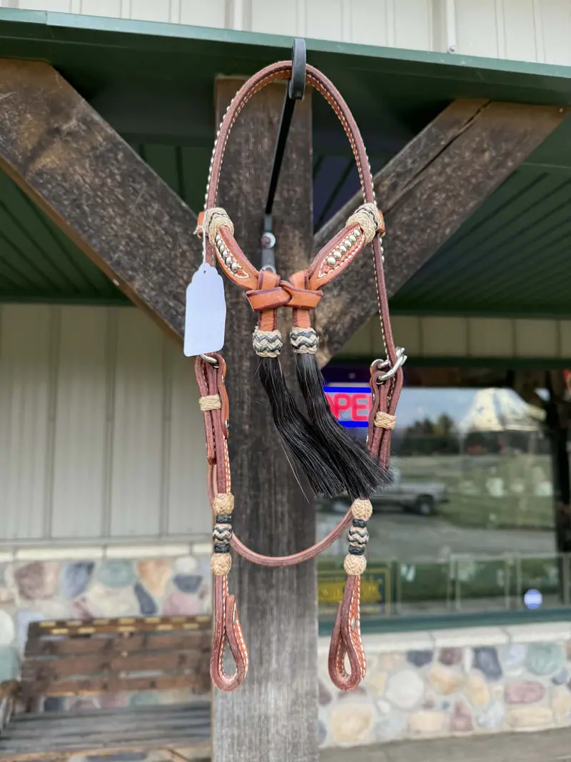 Dutton Bits Light Oil Basket Stamped Tie Front Browband Headstall With Black Rawhide Knot Accents 1