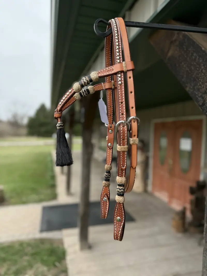 Dutton Bits Light Oil Basket Stamped Tie Front Browband Headstall With Black Rawhide Knot Accents 2