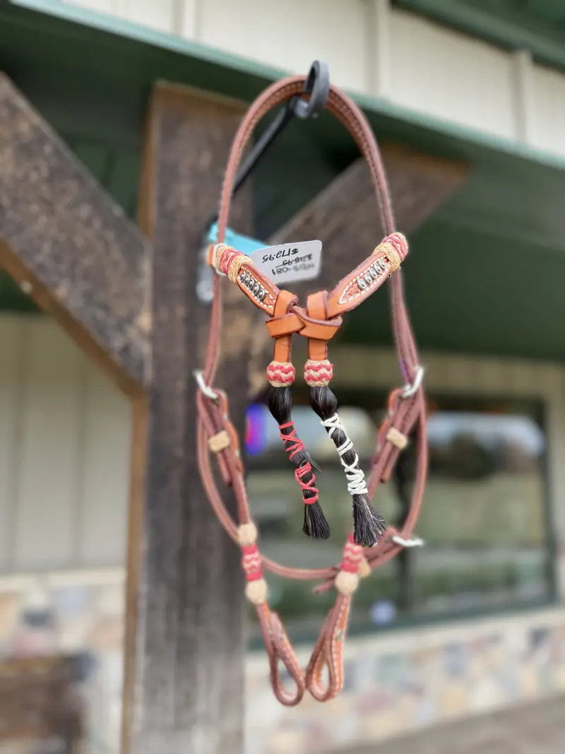 Dutton Bits Light Oil Basket Stamped Tie Front Browband Headstall With Red Rawhide Knots 1