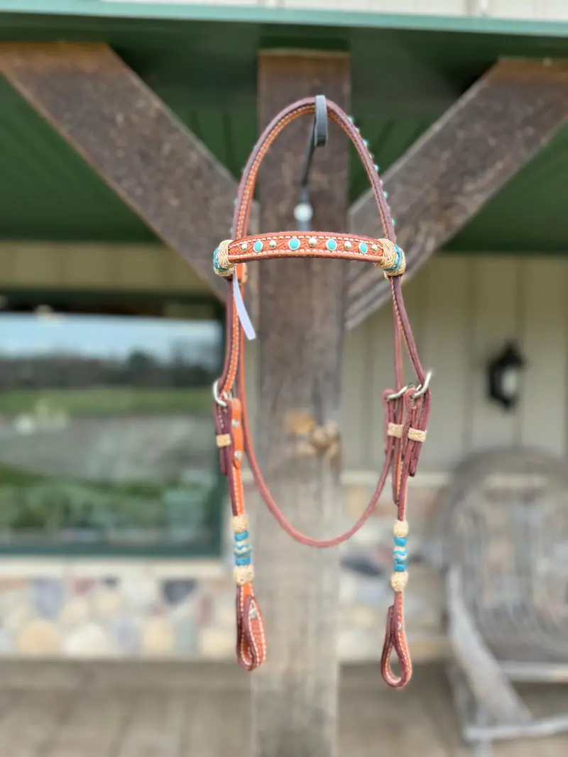 Dutton Bits Light Oiled Basket Stamp Browband Headstall With Turquoise Rawhide Knots 1