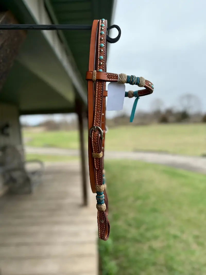 Dutton Bits Light Oiled Basket Stamp Browband Headstall With Turquoise Rawhide Knots 2
