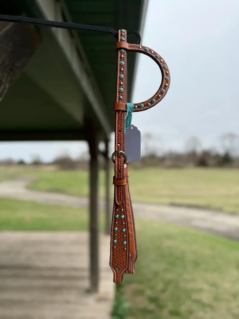 Dutton Bits Medium Oiled Basket Stamp Flat Ear Headstall With Turquoise Dots 1
