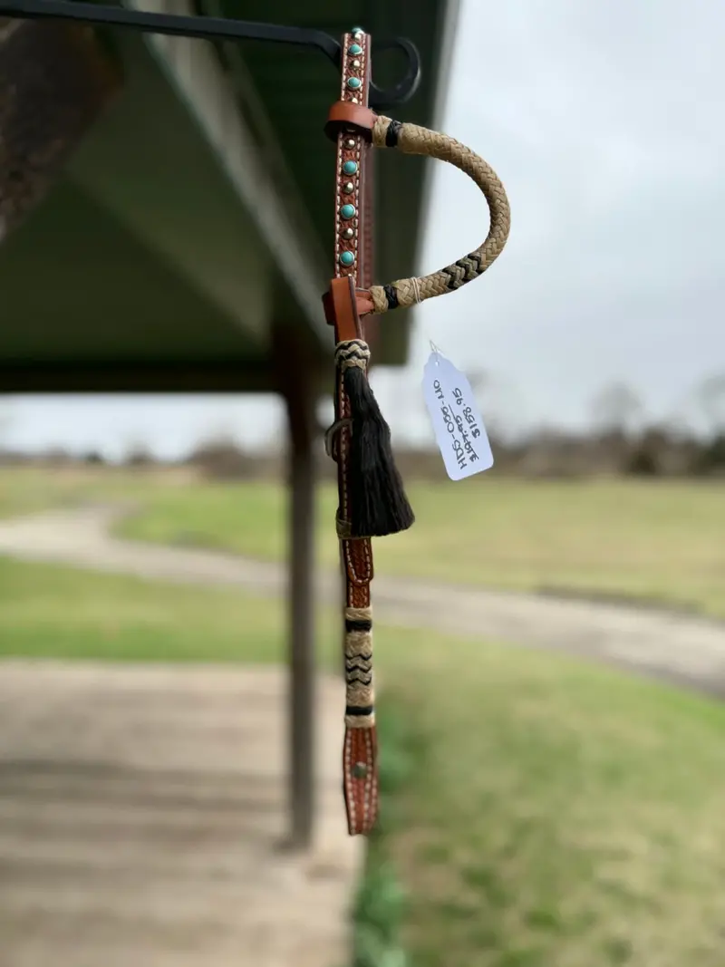Dutton Bits Medium Oiled Basket Stamp Slip Ear Headstall With Black Rawhide Accents 1