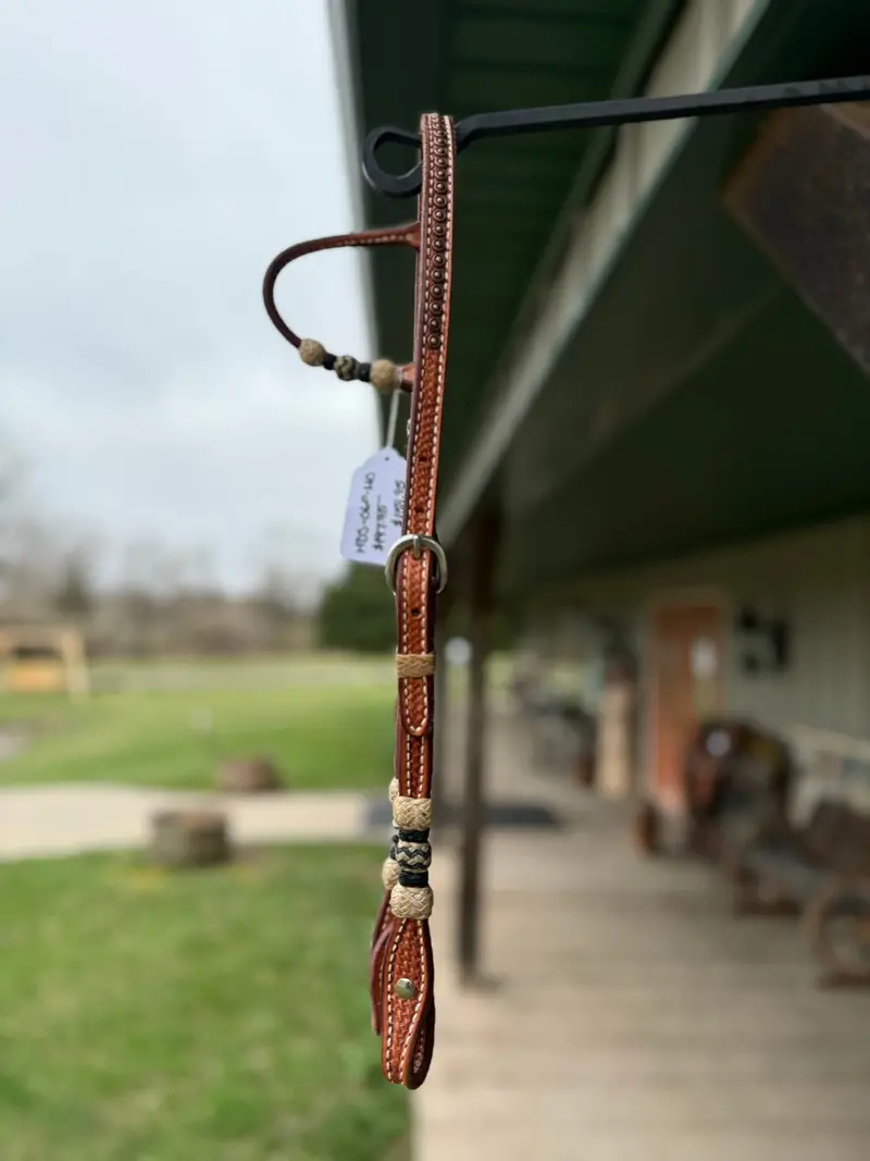 Dutton Bits Medium Oiled Basket Stamp Slip Ear Headstall With Rawhide Knots And Black Accents 1