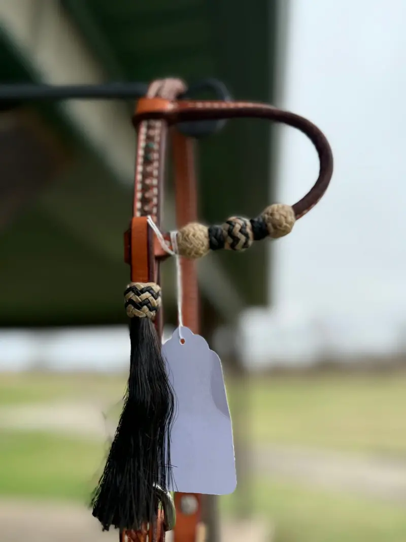 Dutton Bits Medium Oiled Basket Stamp Slip Ear Headstall With Rawhide Knots And Black Accents 2