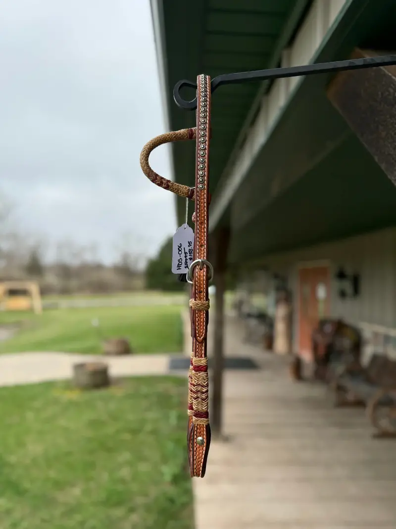 Dutton Bits Medium Oiled Basket Stamp Slip Ear Headstall With Red Rawhide Accents 1