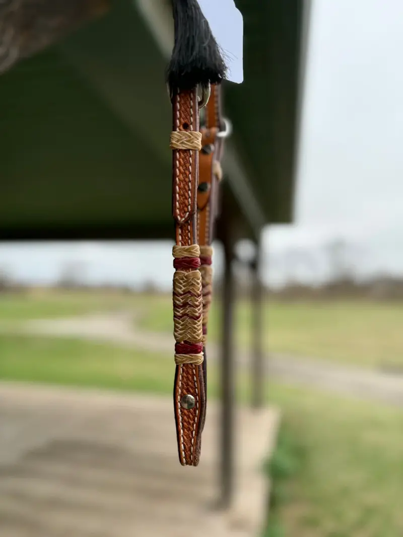 Dutton Bits Medium Oiled Basket Stamp Slip Ear Headstall With Red Rawhide Accents 2