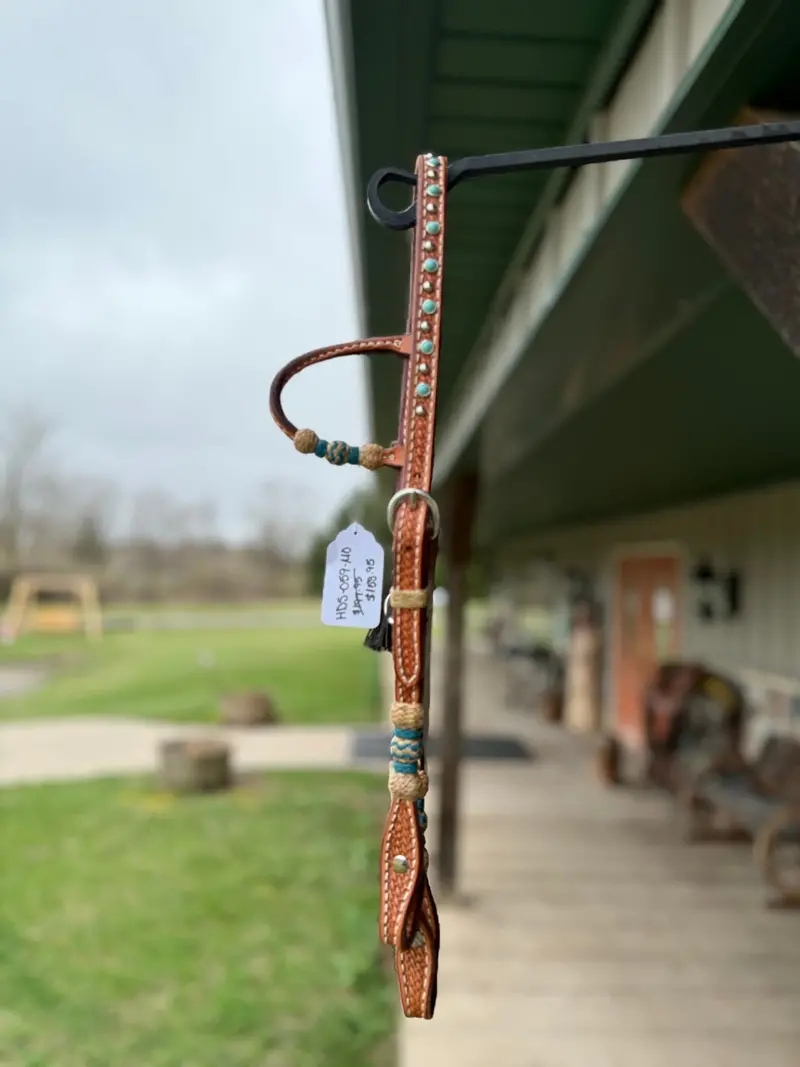 Dutton Bits Medium Oiled Basket Stamp Slip Ear Headstall With Turquoise Rawhide Knot Accents 1