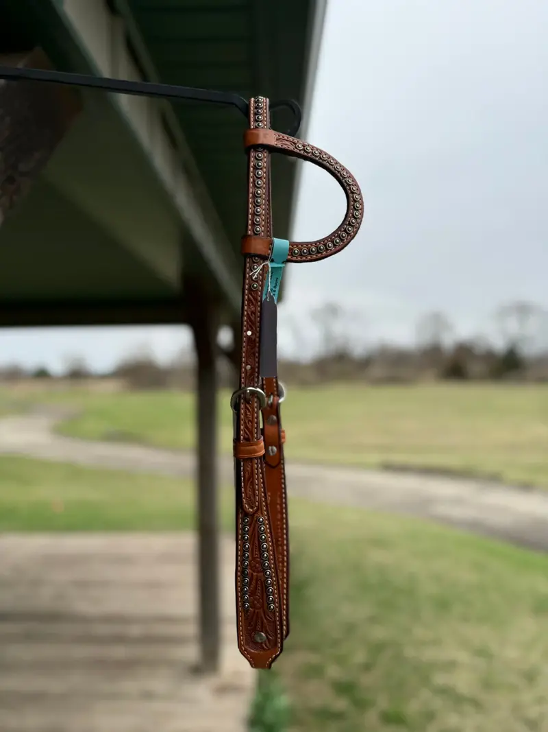 Dutton Bits Medium Oiled Floral Tooled Flat Ear Headstall 1