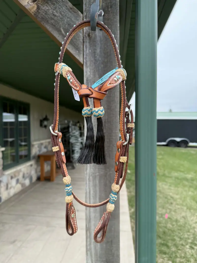 Dutton Bits Tie Front Basket Stamp Browband Headstall With Turquoise Accents 1