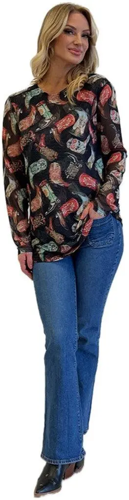 Fashion Express Women's Black Western Boot Print Top 1