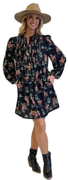 Fashion Express Women's Black Western Print Dress 1
