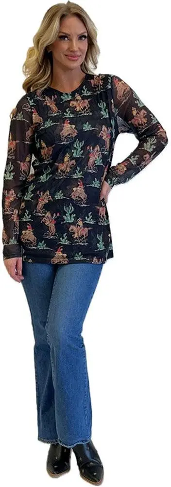 Fashion Express Women's Black Western Print Top 1