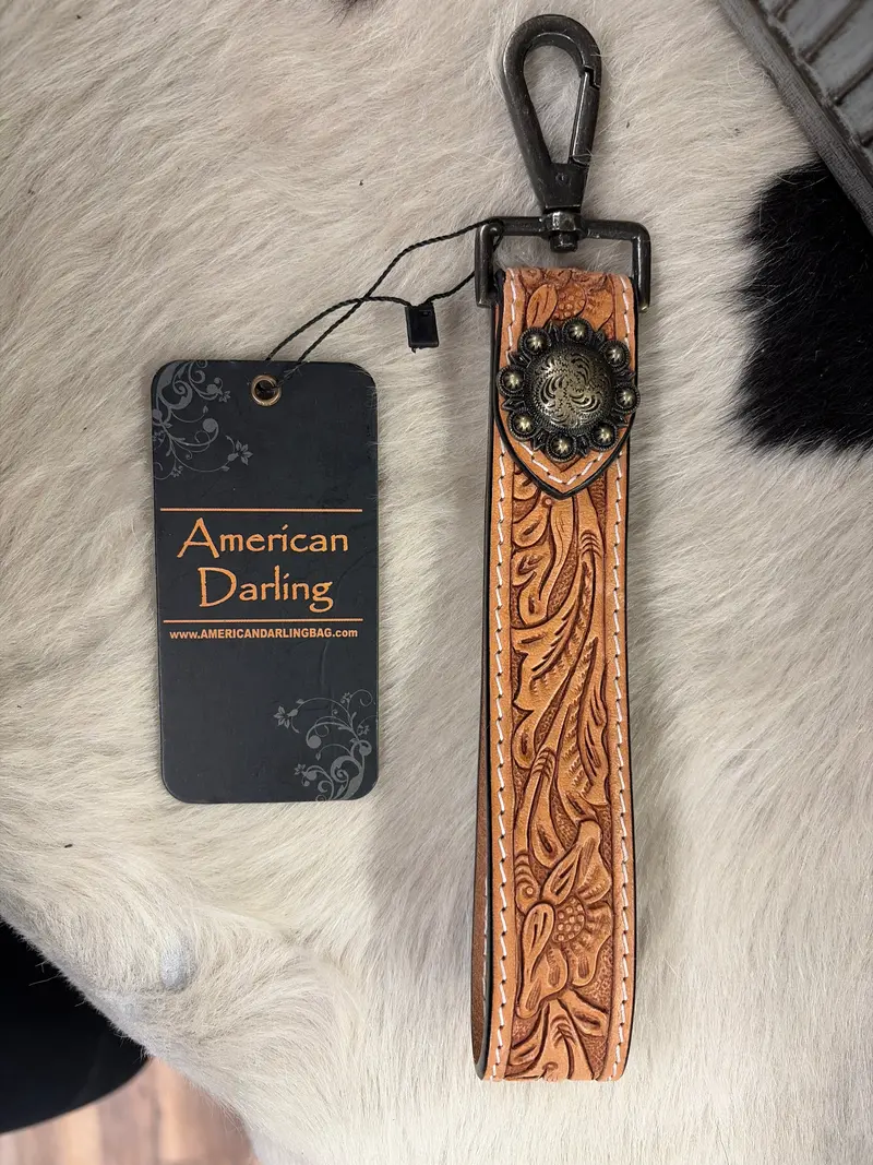 Floral Hand Tooled Leather Wristlet Key Ring 1