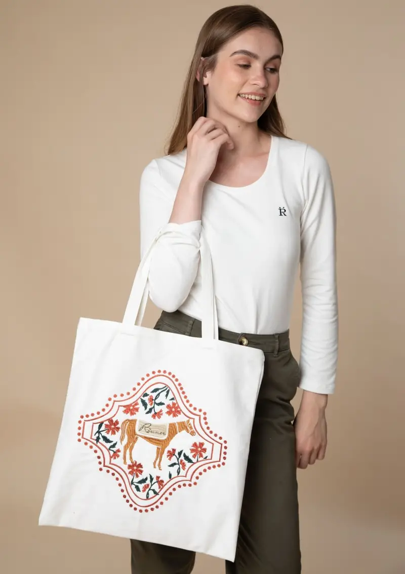 Floral Horses Cotton Tote | Terracotta 1