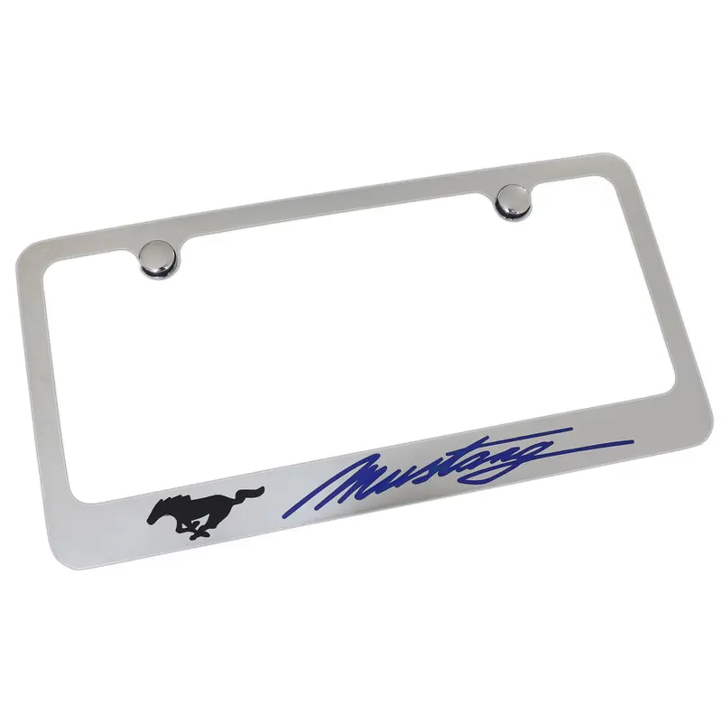 Ford Mustang Blue Script License Plate Frame (Chrome) 1