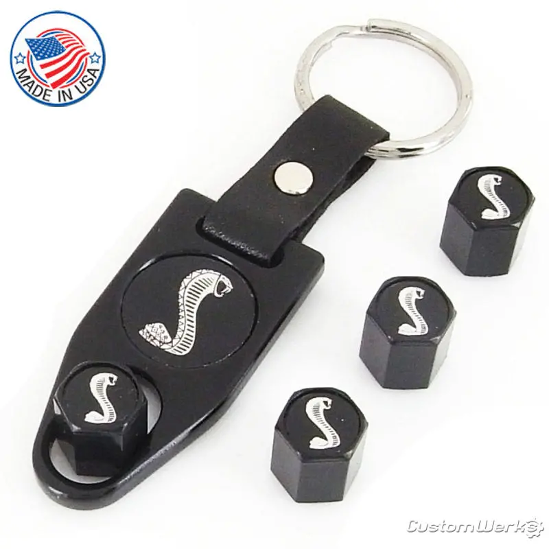 Ford Mustang Cobra Logo Tire Stem Valve Caps  Wrench Gift Set  (Black) 1