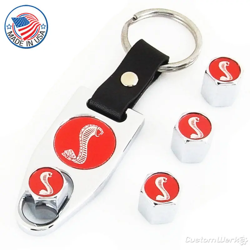 Ford Mustang Cobra Logo Tire Stem Valve Caps Wrench Gift Set (Red On Chrome) 1