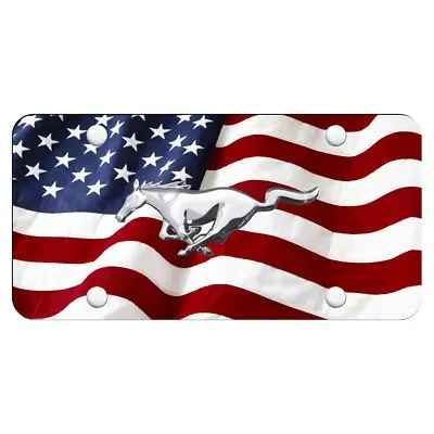 Ford Mustang Logo Uv Wave Flag License Plate (White) 1