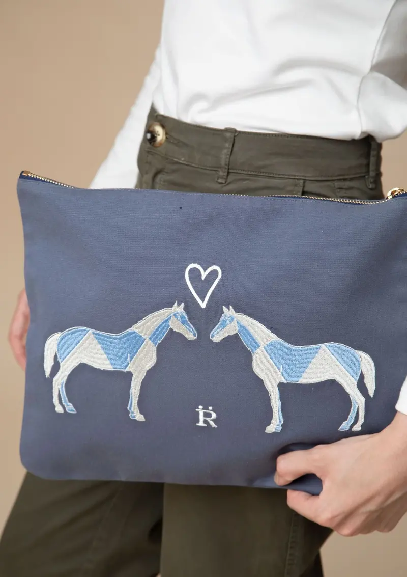 Geo Horses Embroidered Pouch | Blue 1