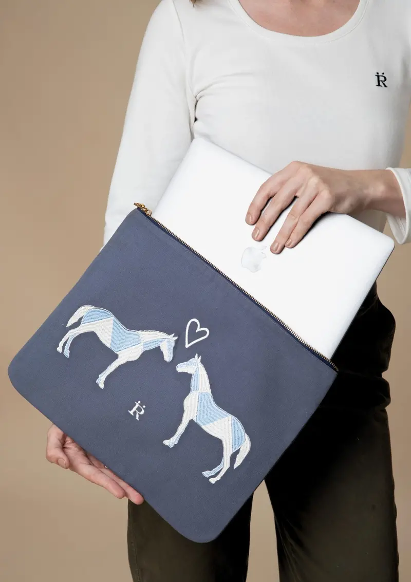 Geo Horses Embroidered Pouch | Blue 2