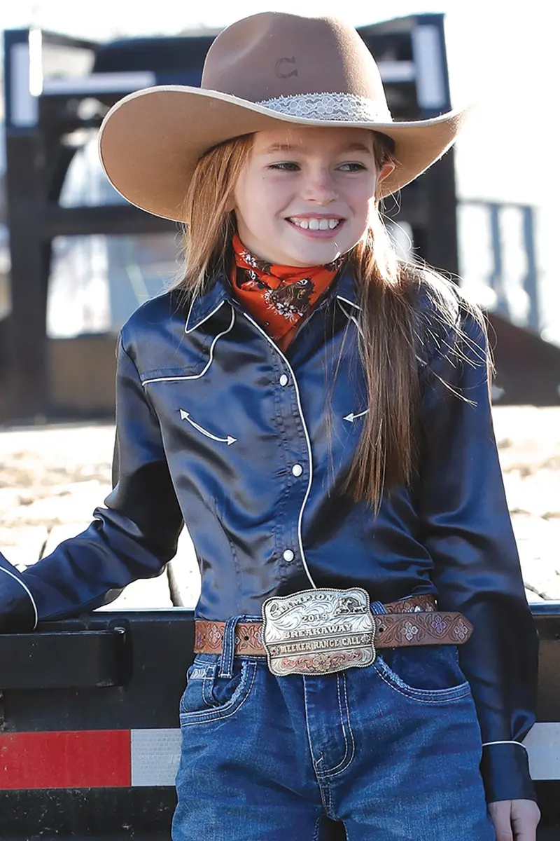 Girls Navy Satin Long Sleeve Snap Shirt 1