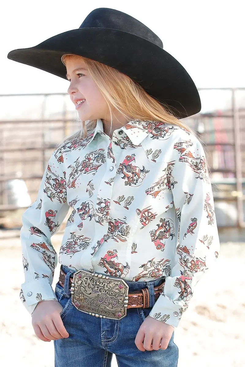 Girls Old West Print Light Blue Snap Long Sleeve Shirt 1