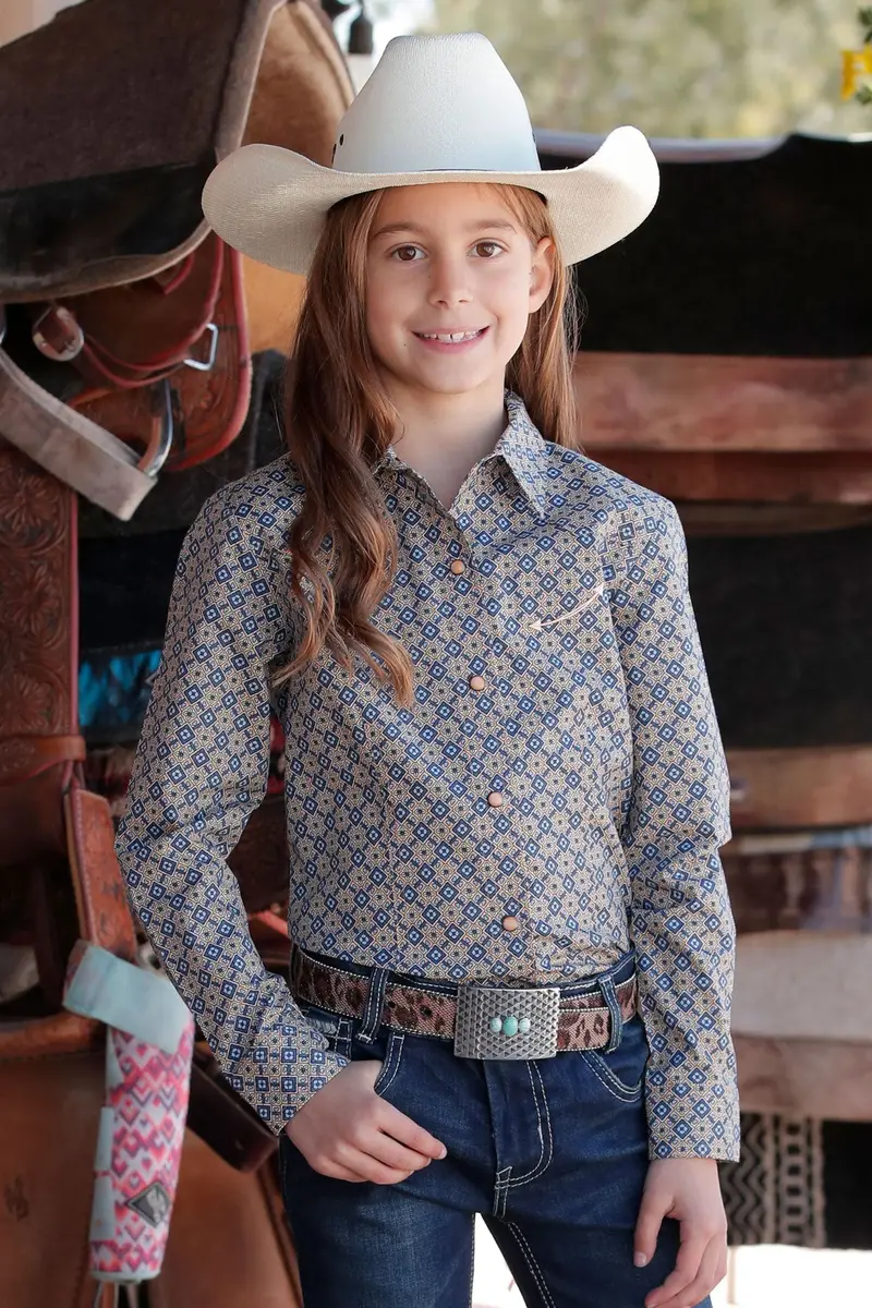 Girls Orange Print Long Sleeve Cinch Shirt 1