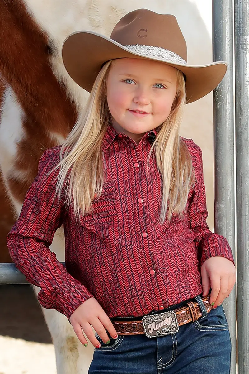 Girls Pink Print Snap Long Sleeve Shirt 1