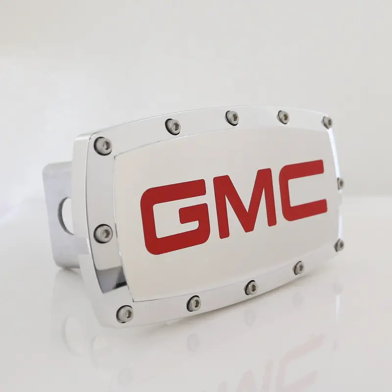 Gmc Logo Billet Tow Hitch Cover (Red On Chrome) 1