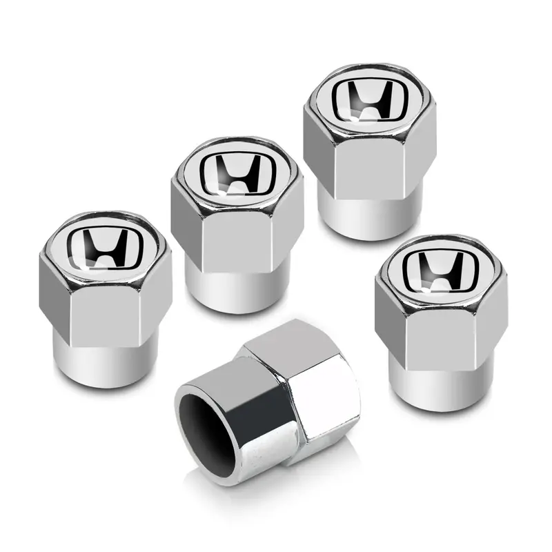 Honda Logo Tire Stem Valve Caps Set (White On Chrome) 1